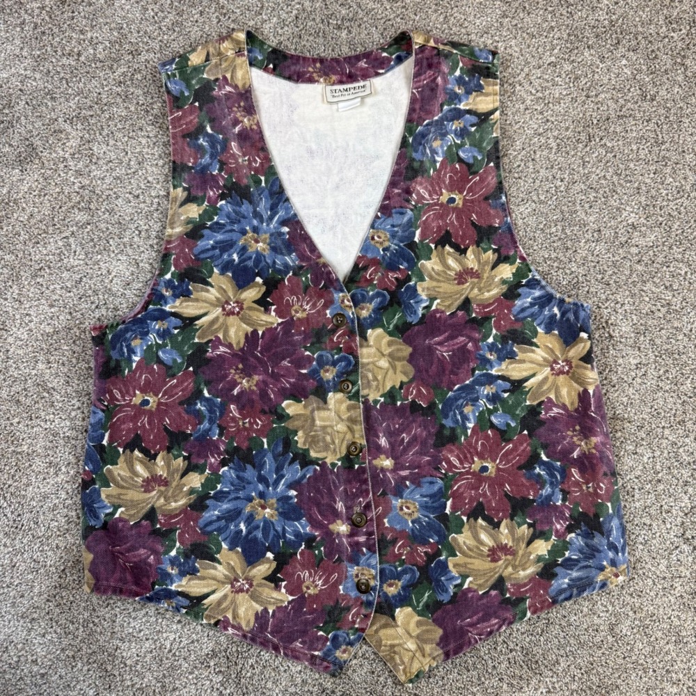 Stampede Vintage Floral Denim Vest Large Purple Blue Cotton Made in USA